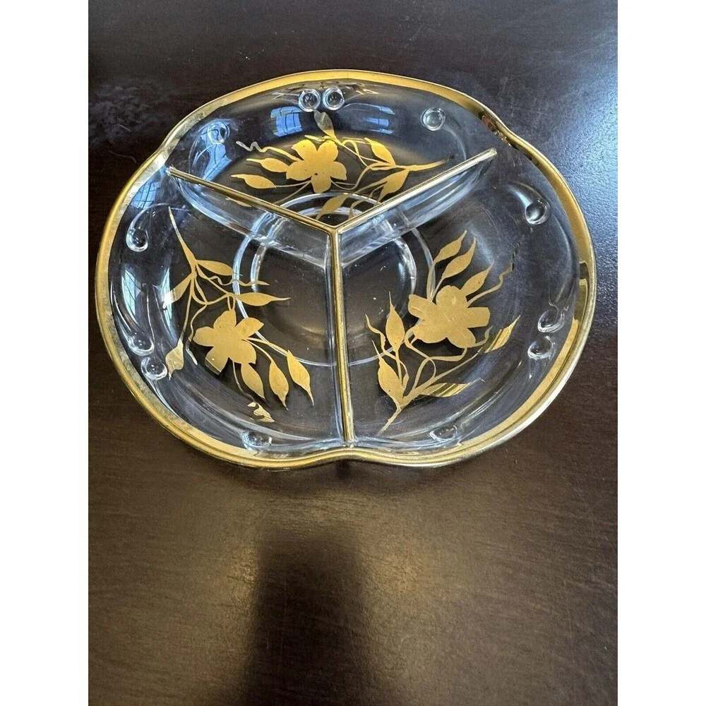 Vintage three sectioned gold trimmed candy dish, 8 inch diameter, MCM, holiday